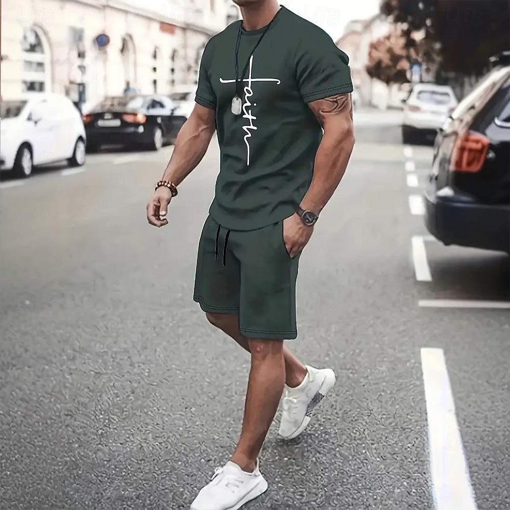 Men's Graphic 2pcs Tees sets Summer Tops Short Sleeve Short Pants Crew Neck Sport Casual Casual Going out Streetwear 3D Print Summer Grey Black Red