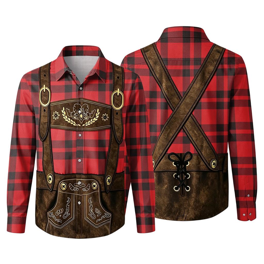 Men’s 3D Printed Loose Fit Turn-Down Collar Long Sleeve Shirt Vintage Plaid Design Casual Retro Style for Festivals Outdoor Parties