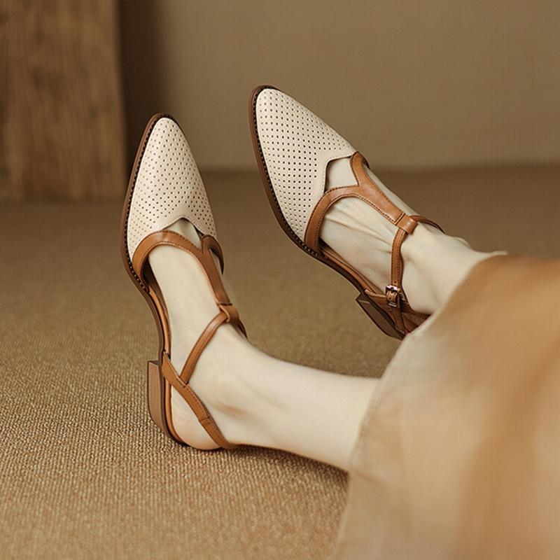 Fashion NEW Summer Women Sandals Split Leather Shoes for Women Simple Pointed Toe Chunky Heel Shoes Cover Toe Slingback Designer Sandals