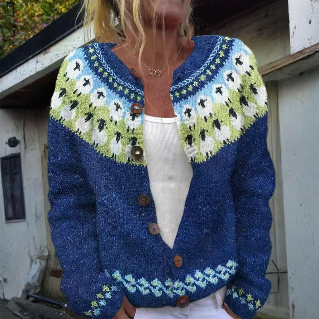 Swetry kardigan Fair Isle dla kobiet z okrągłym dekoltem, o luźnym kroju, zapinane na guziki, gruby sweter, otwarty przód, casualowa jesienna dzianinowa kurtka