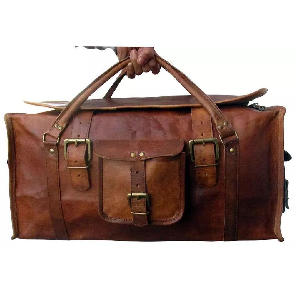 Large Mens Vintage Genuine Leather Flap Duffel Carry On Weekender Travel Bag