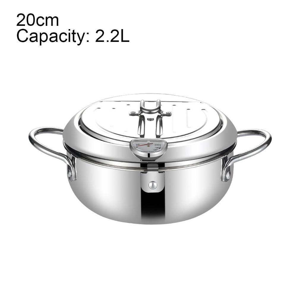 Deep Frying Pot Stainless Steel Fryer Kitchen Cooking Fried Pot with Thermometer and Lid, 24cm