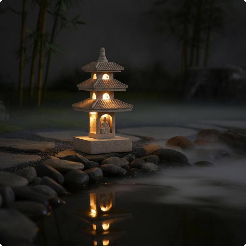 Pagoda Statue with Light Zen Tranquil for Patio