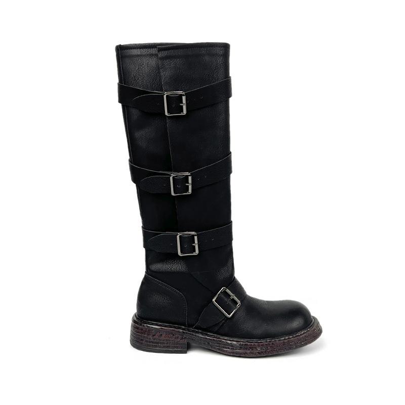 Retro round head belt buckle thick-soled boots 2025 autumn and winter temperament versatile and thin sleeve thick heel knight boots