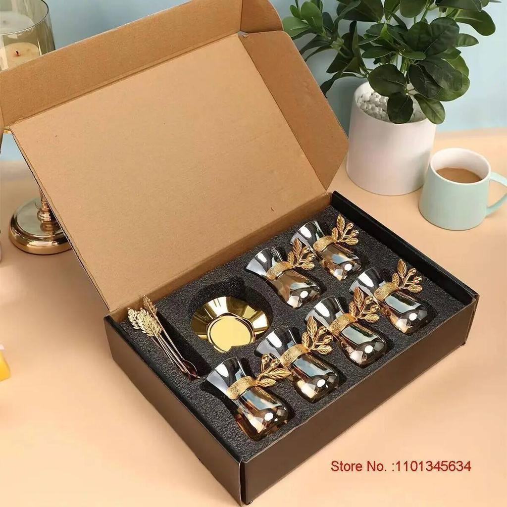 Türkische Kaffeeglas-Sets Luxuriöser Stil Goldene Kaffeetassen- und Tellerset Schwarze Teetasse Untertasse Teelöffel-Set Espressotasse Haushalts-Teetasse