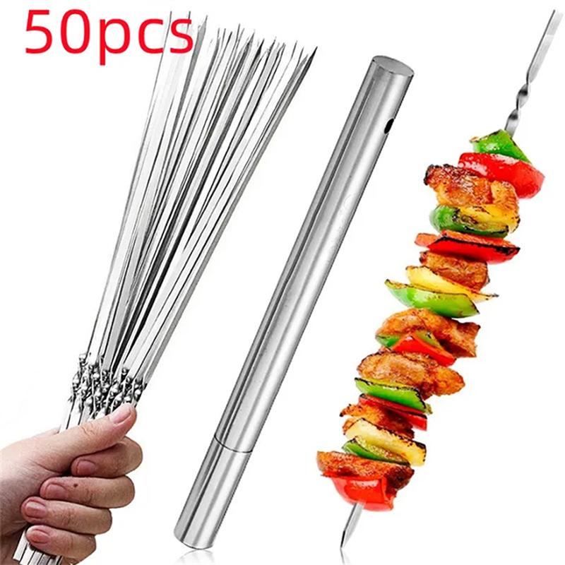 50Pcs Stainless Steel Barbecue Skewer Reusable BBQ Skewers Kebab Iron Stick For Outdoor Camping Picnic Tools Cooking Tools