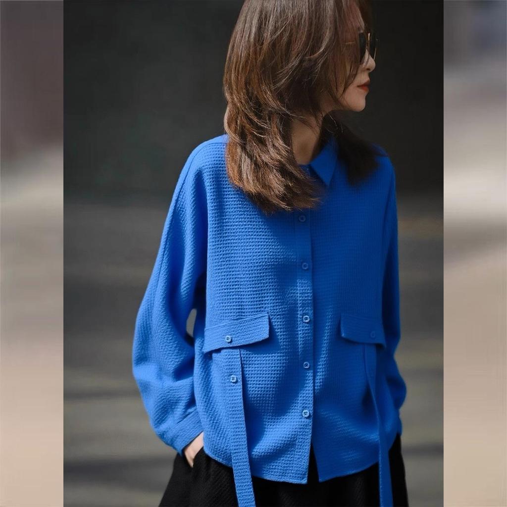 Early Autumn Blue Lapel Batwing Sleeve Shirt - Stylish and Versatile Women's Top