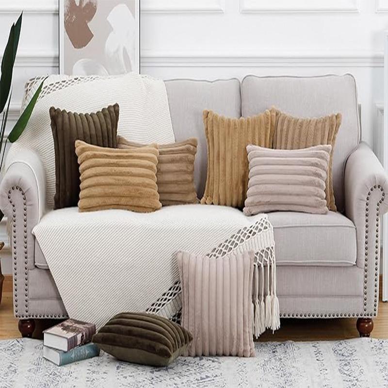 2Pcs Luxury Nordic Plush Cushion Cover Comfortable Textured Striped Throw Pillow Cover Soft Plush Pillowcase Living Room Decor