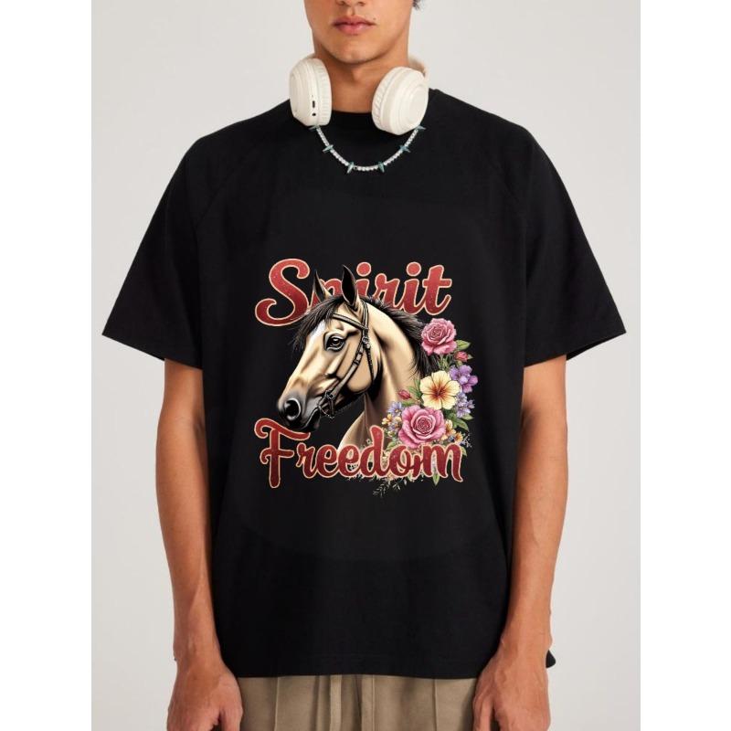 Spirit Freedom Horse Floral Print T Shirt White Casual Wear for Men and Women Outdoor Activities and Everyday Use