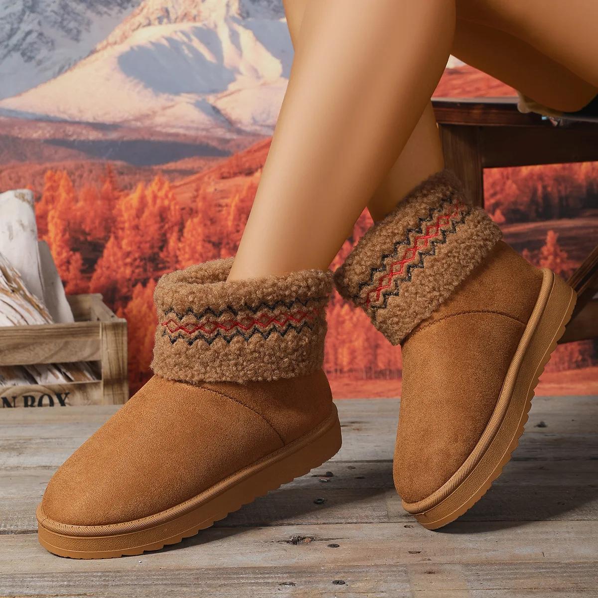 

Fashion Winter Fashion Short Plush Warm Snow Boots Women Winter Faux Fur Flat Ankle Boots Comfortable Slip on Keep Warm Cotton Shoes 36 верблюд