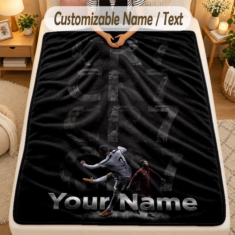 Flannel BlanketCristiano Ronaldo Custom Name Text Personalized Soft Warm Throw Blanket Home Decor Gift