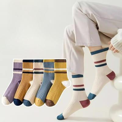 Trendige Bonbonfarbene Mid-Calf-Socken für Damen im Herbst und Winter, Gestreifte lange Strümpfe für Studentinnen