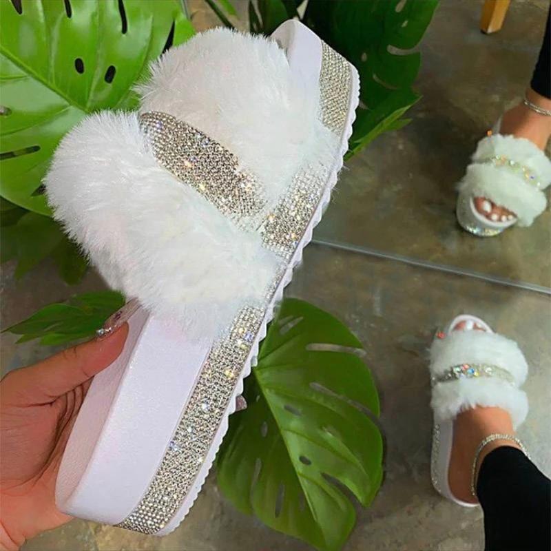 Luxury Designer Women Fur Rhinestone Slippers Platform Wedges Heel Solid Fluffy Furry Slides Outside Sexy Shoes wedges Slippers