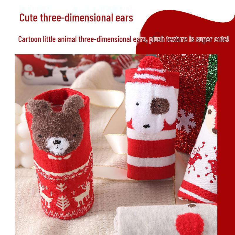 Women's Mid-Calf 3D Cartoon Christmas Socks Gift Box - Red Cotton Benming Year Collection for Autumn & Winter
