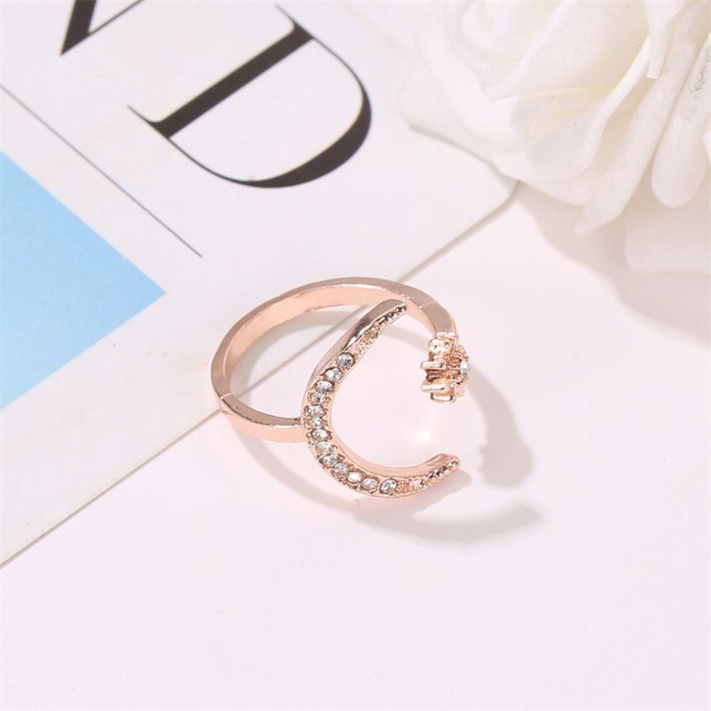 Korean Style Star Moon Opening Rings Rhinestone Crescent Moon Ring Personality Couple Ring  Couple