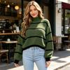 Women S Half High Neck Pullover Striped Color Block Knit Sweater Loose Fit