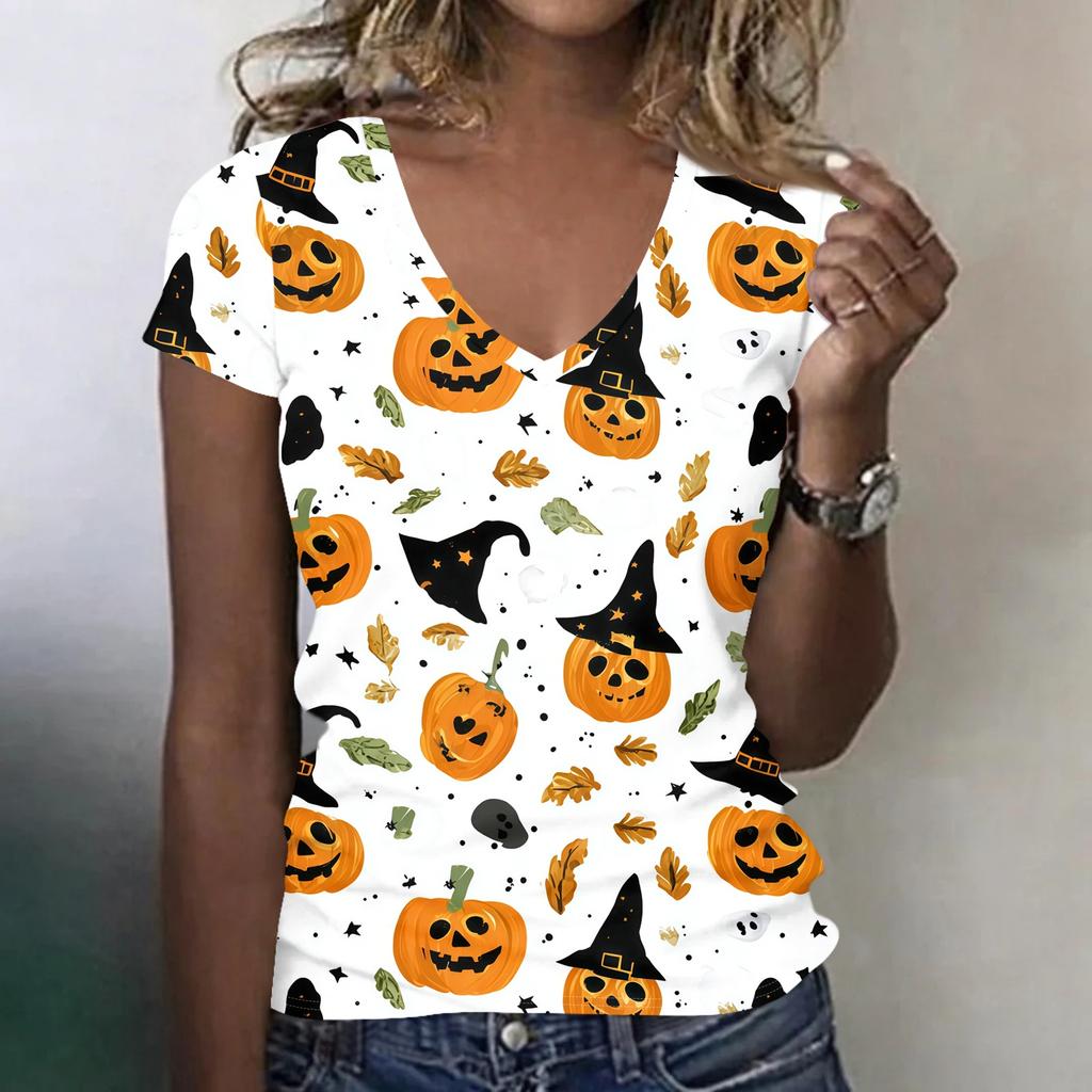Women's V-Neck Halloween Print Blouse Lightweight Spring Summer Top