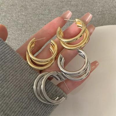 Boucles d'oreilles créoles rondes vintage en acier inoxydable pour femmes, boucles d'oreilles pendantes géométriques en forme de C, bijoux de fête, cadeaux de mariage