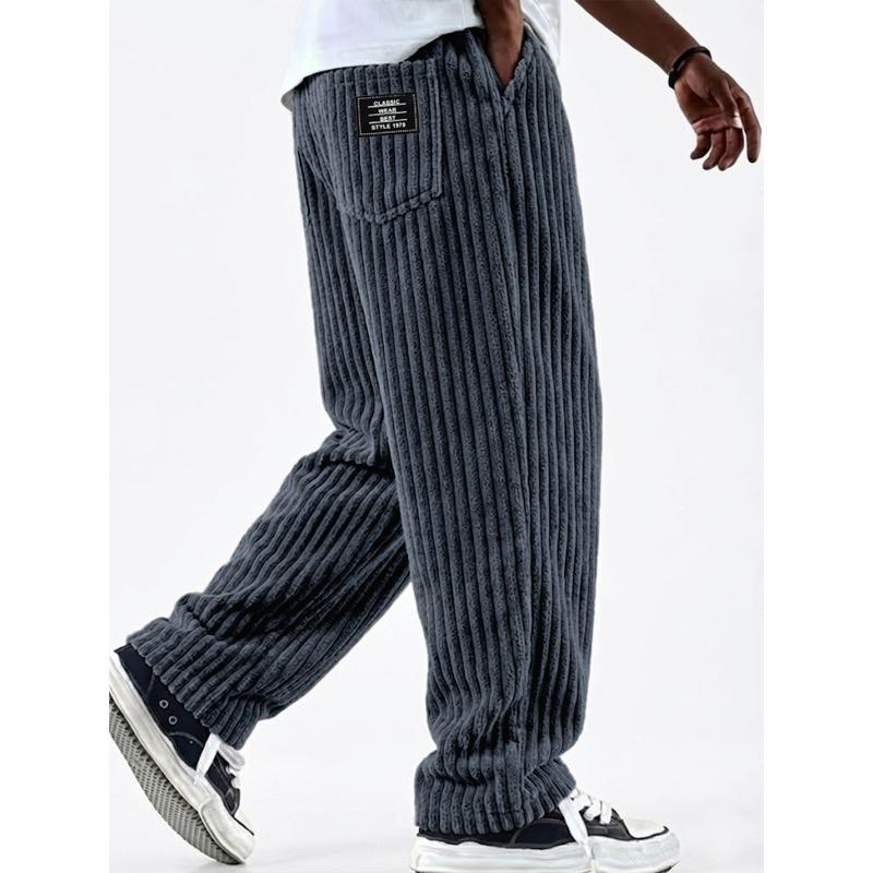 Wide-width Corduroy Patch Logo Pocket Casual Loose Straight-leg Pants for Men