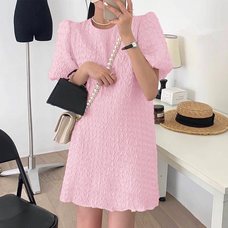 

VONDA Women Elegant Puff Sleeve Texture Semi-Sheer Casual Mini Dress 4XL рожевий
