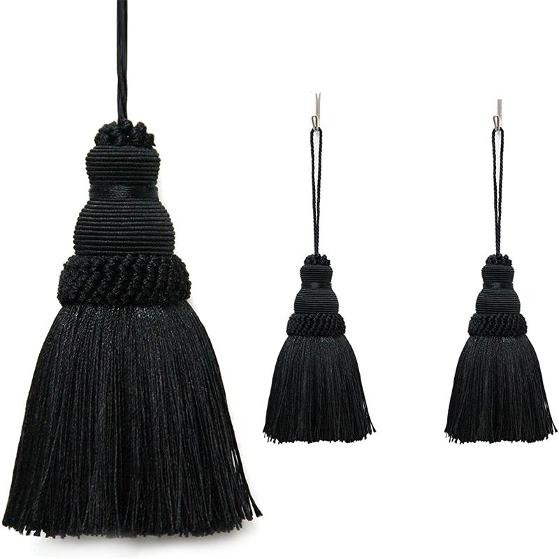2Pc Decorazioni per la casa Corda appesa Nappe di seta Frangia Nappa Trim Decorazione dell'indumento Nappe chiave per abbellimenti fai da te Accessori per tende black