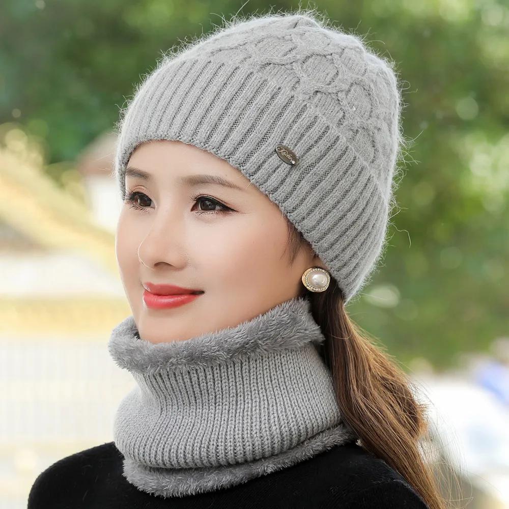 

Новая женская зимняя шапка Сохраняющая тепло Мамина шапка Плюшевая меховая подкладка Теплый комплект Шапка для женщин Повседневная Вязаная шапка из кроличьего меха 55cm-60cm серый