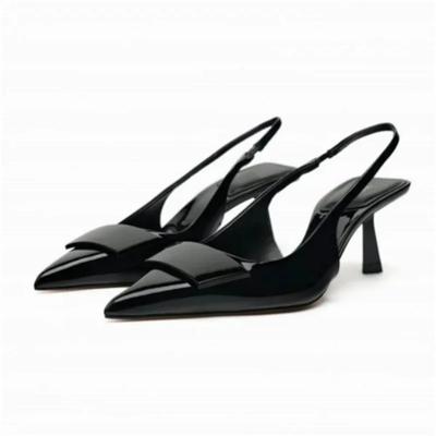 Pointed Toe Women Dress Shoes Black Patent Leather Summer Ladies Slingback Stilettos  New Fashion Ladies High Heeled Sandals