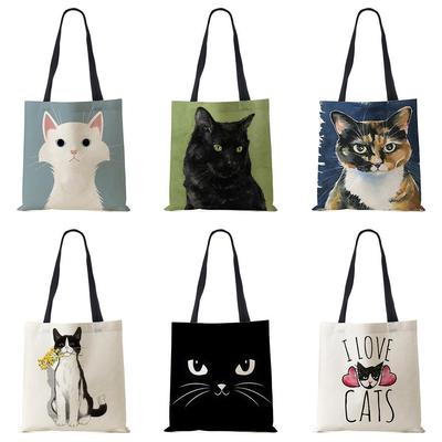 Women Handbag Linen Totes with Cat Print Casual Traveling Beach Gift Bags