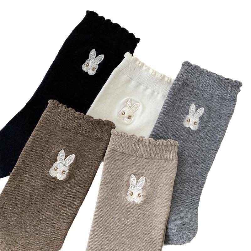 Cartoon Embroidered Socks, Girls' Lace, Cute Little Rabbit Socks, Pure Cotton Mid-calf Pile Socks