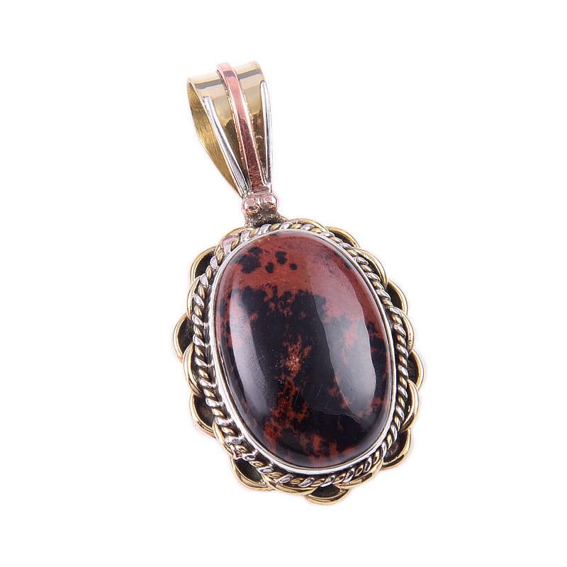 Natural Mahogany Obsidian Gemstone 925 Solid Silver Two Tone Pendant 1.50'' h1K32