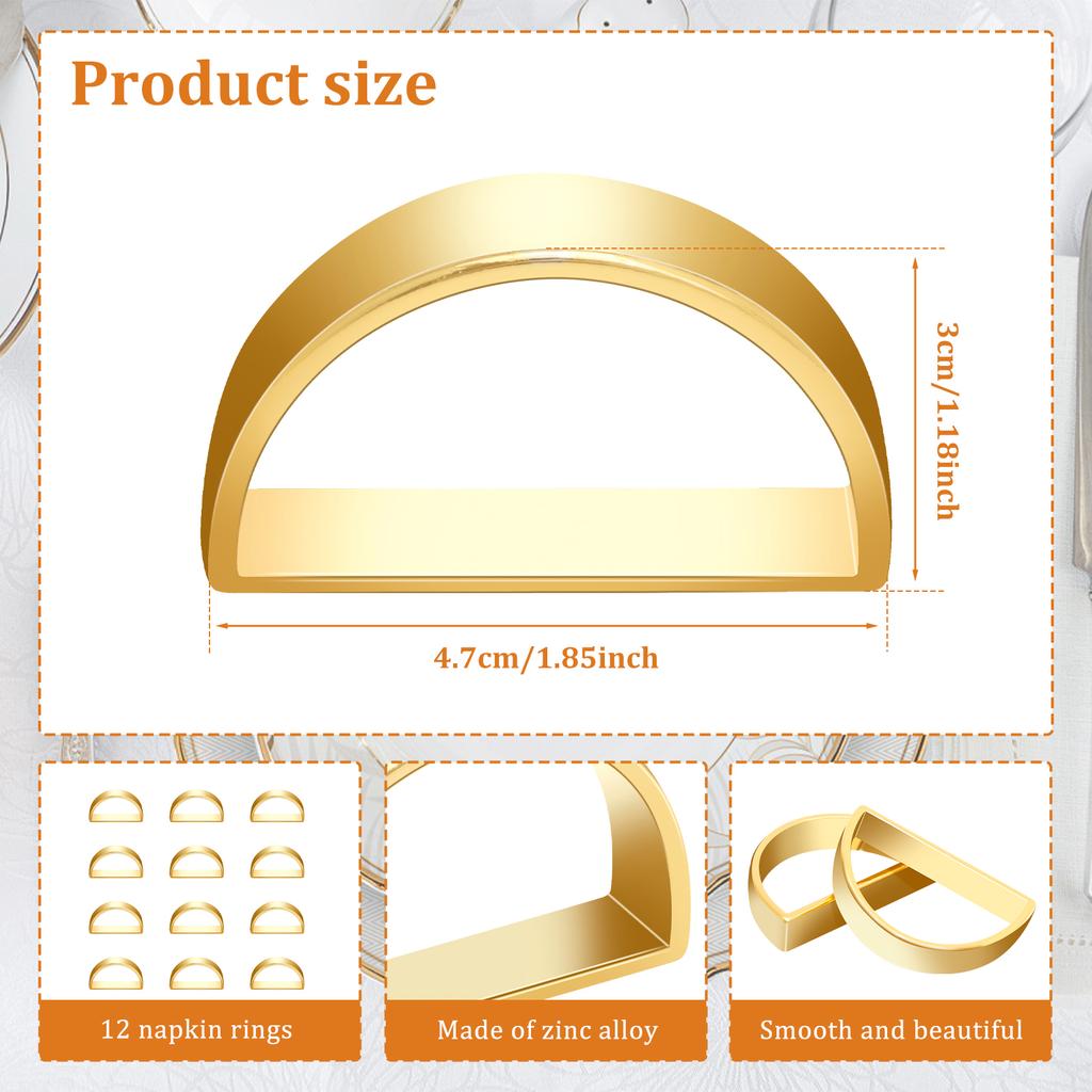 12Pcs Zinc Alloy Napkin Ring D-shaped Gold Napkin Rings Holder Wedding Banquet Birthday Party Dinnig Table Decoration
