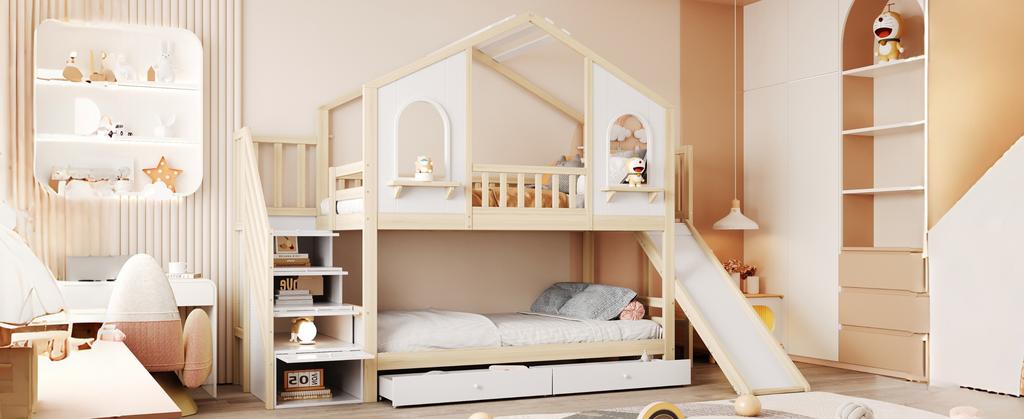 Children's Bunk Bed 90 X 200 Cm, House-Shaped with Curved Windows, with Storage Ladder and Slide, Drawers, Double Bed, Wood Color