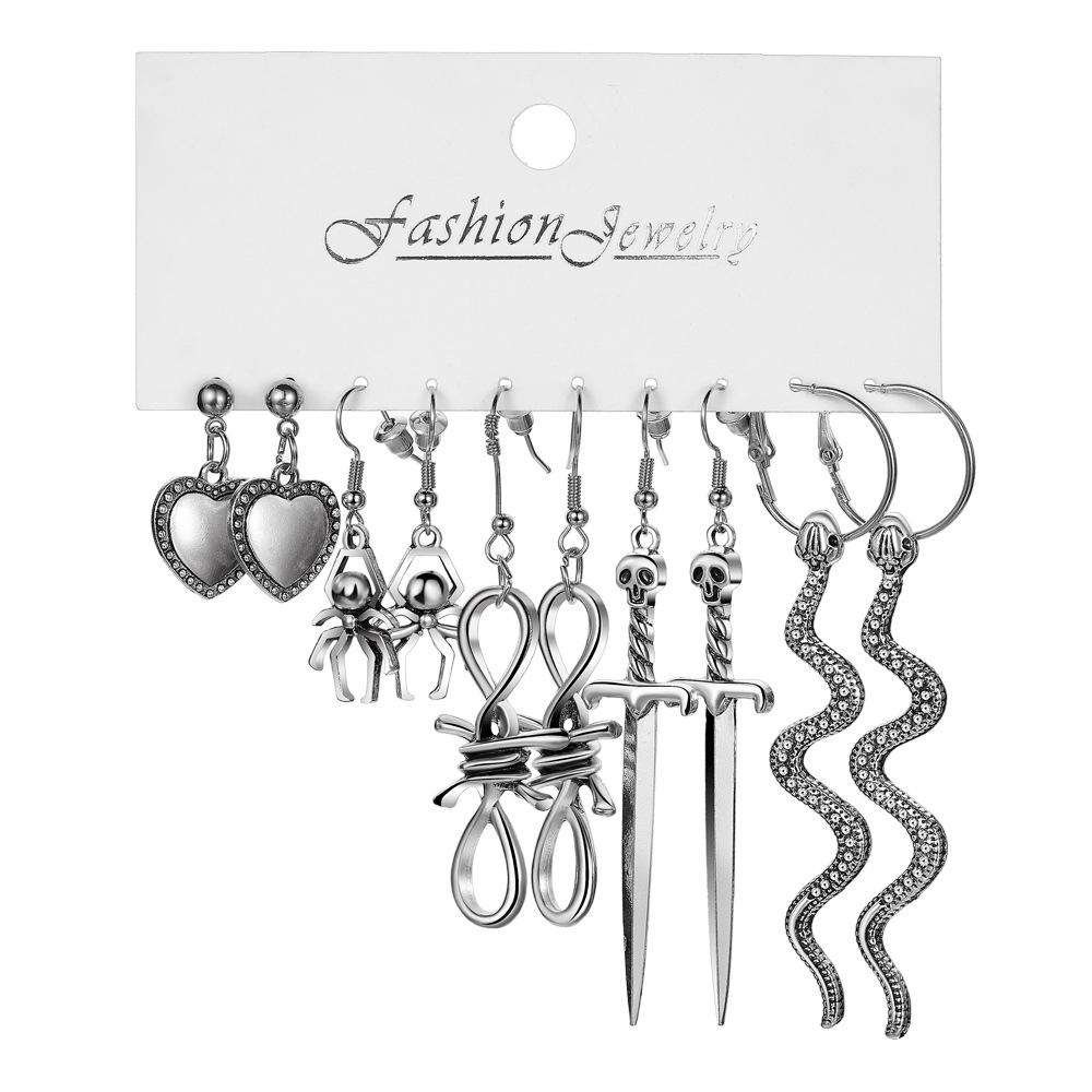 Vintage Silver Color Earrings Set for Women Long Sword Mushroom Butterfly Skeleton Snake Gothic Hang Earrings Jewelry