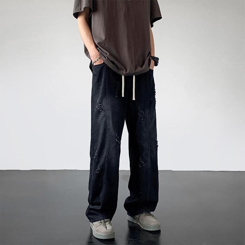 Ice silk ripped jeans men's summer trend thin loose straight pants high street trendy brand wide-leg trousers