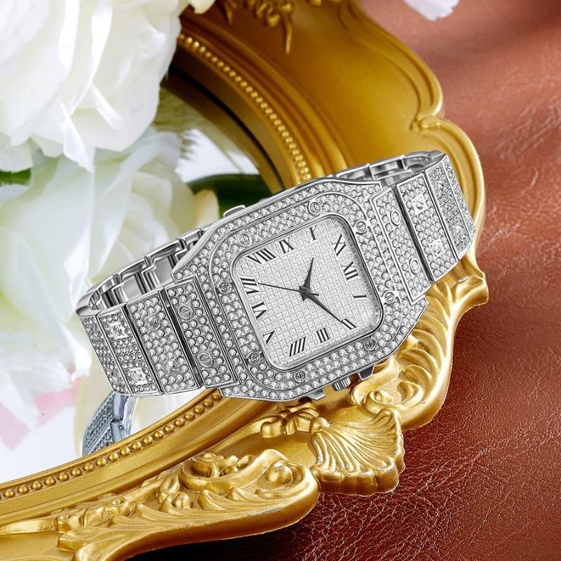 Hot Sale Fashion Square Diamond Full Diamond Roman Graded Scale Ladies Watch Women's Watch Quartz Watch Silver Gold