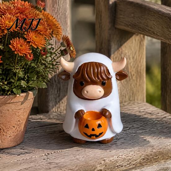 Holiday Party Table Centerpieces Highland Cow Ghost Figurine with Pumpkin Candy Bowl, Cute Halloween Resin Bowl Tabletop Decor for Farmhouse
