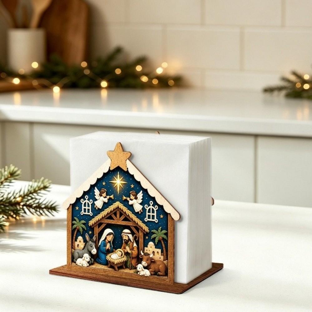 Wooden Christmas Napkin Holder Christmas Nativity Scene Pattern Tissue Organizer Bar