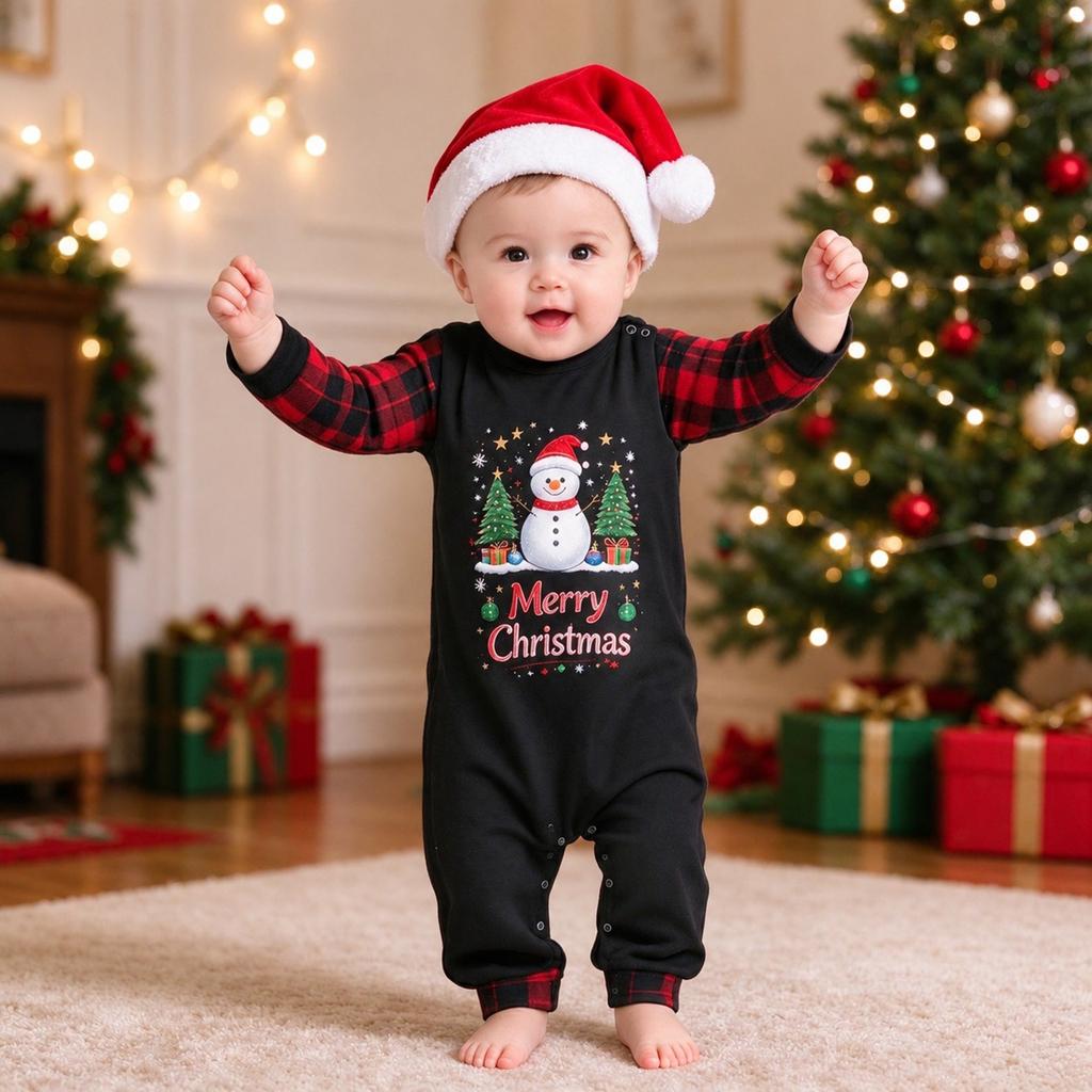 Christmas Family Matching Outfit Set with Neck Printed Top and Pants for Parent and Child