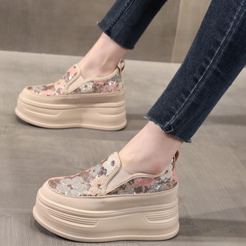 Fashion Ladies Footwear High on Platform Round Toe Slip Sequins Women's Shoes Sale Korean Offer Comfortable and Elegant Vulcanized Shoe