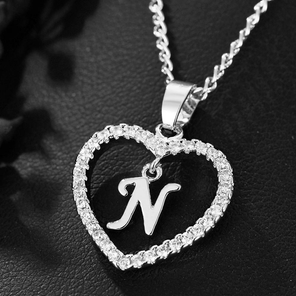 Heart Pendant Zircon Letter Necklace - 26 Letters Available