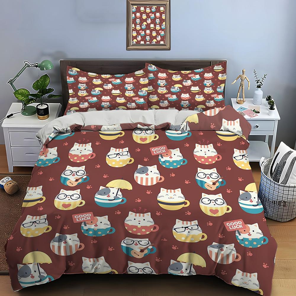 Cute Cartoon Cats Print Bedding Set Duvet Cover 1 Duvet Cover 2 Pillowcases Adult and Children Bedding Set Luxury Comforter Set
