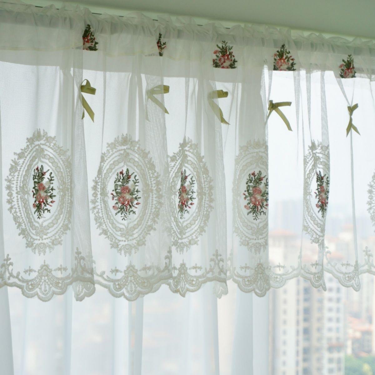 

Белая короткая занавеска с цветочной вышивкой, кружевные оконные ламбрекены, пасторальный тюль, вуаль, домашний декор, кухонная дверная перегородка, свадебный ламбрекен 150x50cm