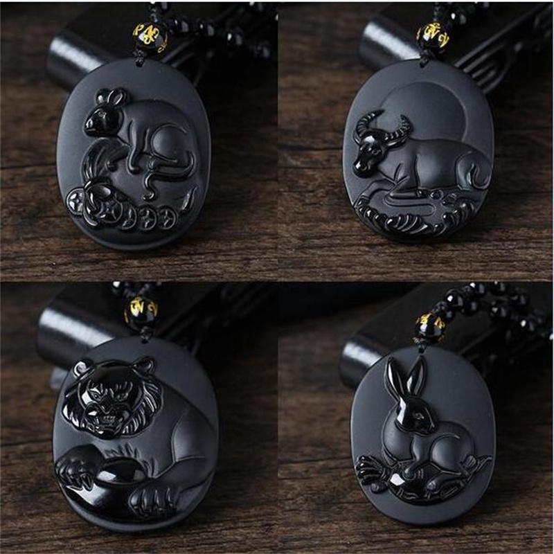 Naturalny Czarny Obsydian Rzeźbiony Chiński Starożytny Dwanaście Zwierząt Zodiaku Szczęśliwy Amulet Wisiorek Koraliki Naszyjnik Modny Prezent Biżuteria
