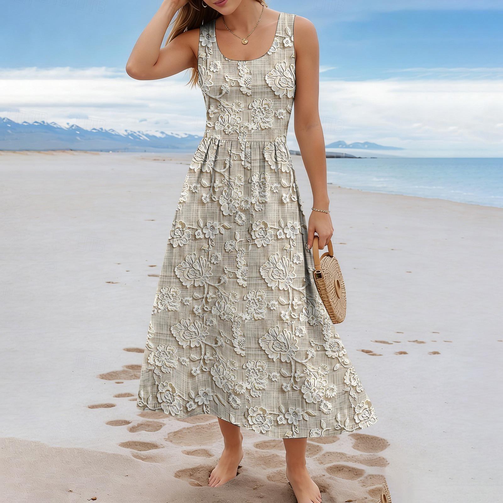 Ladies floral summer casual and fashionable sleeveless long dress L бежевый