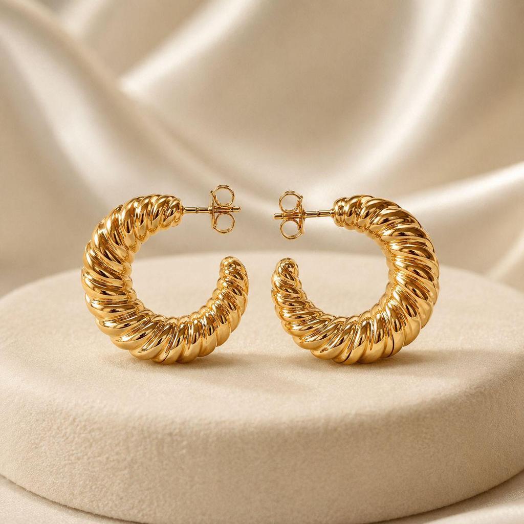European Luxury Ribbed Gold Stainless Steel Curved Earrings