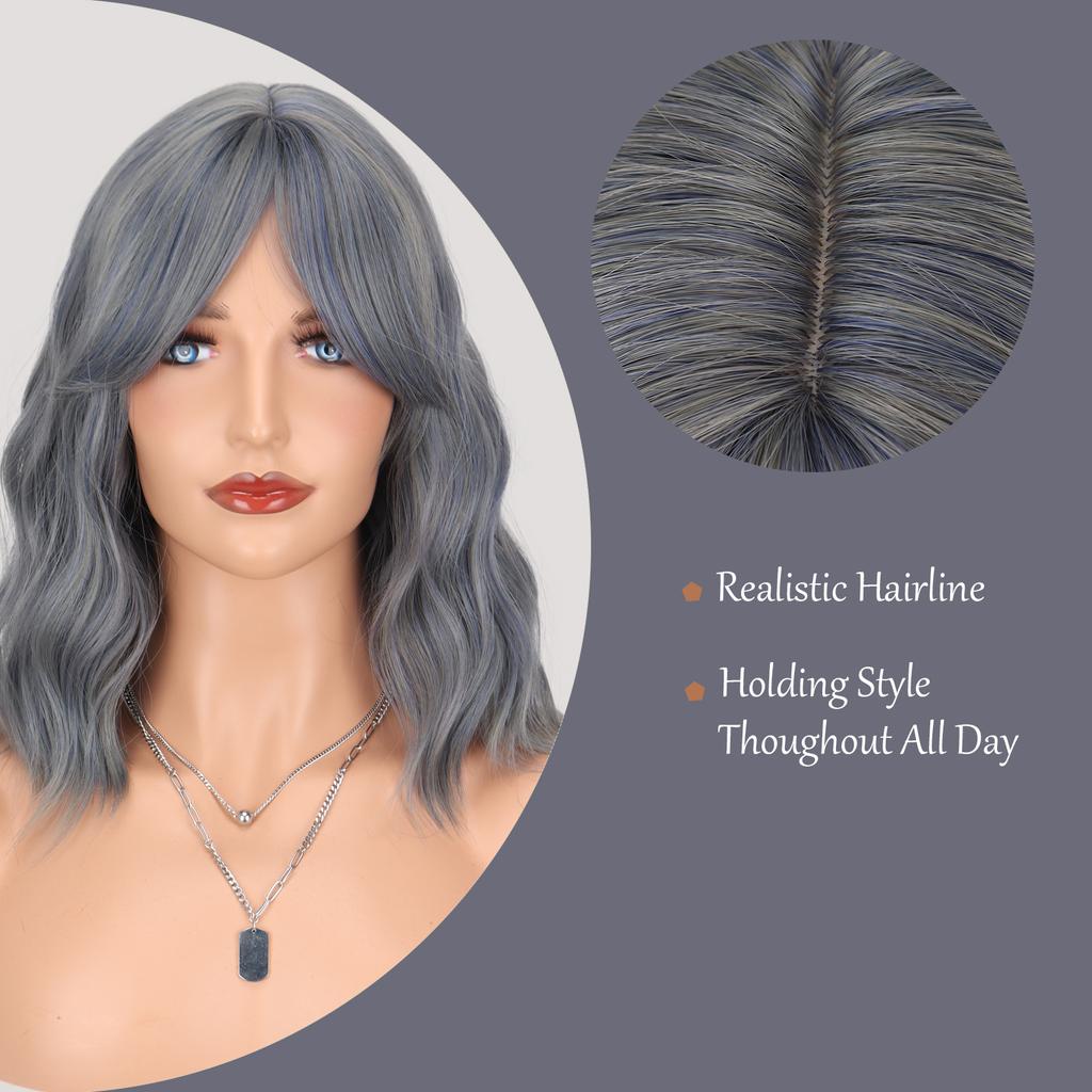 XINRAN Medium Water Wave Synthetic Grey Blue Wigs with Bangs Middle Part Bangs Bob Cosplay Hair Wig for Women Heat Resistant Fiber