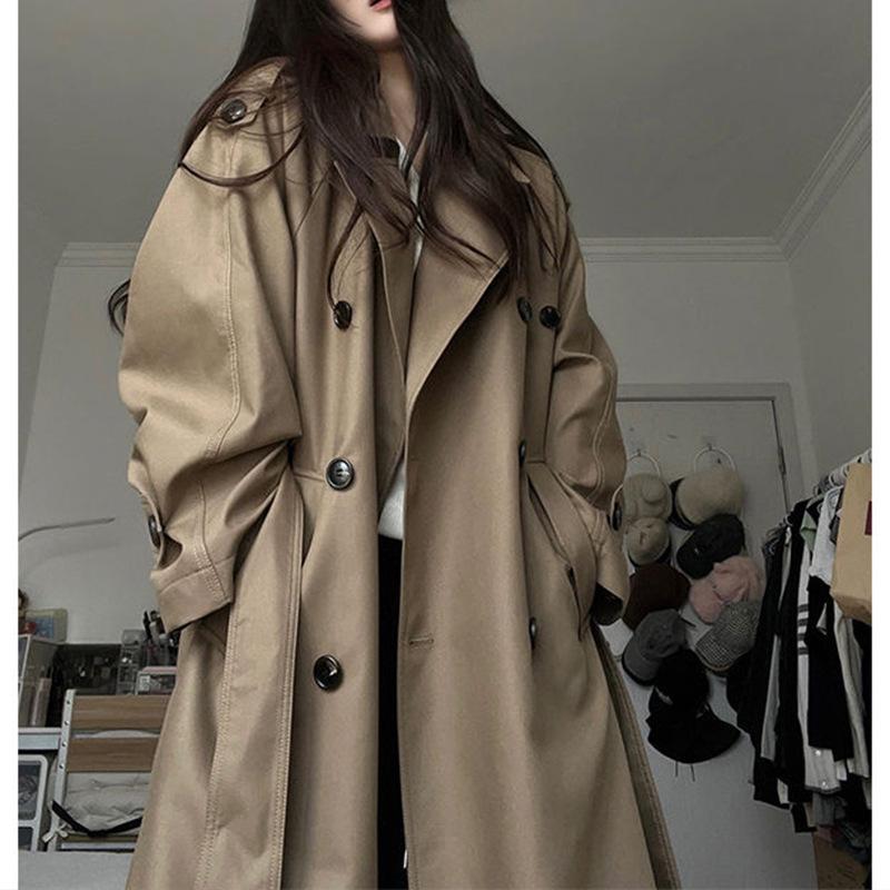 

Осень 2025 Хаки Корейское Тренч-пальто: Универсальная мода средней длины S хаки