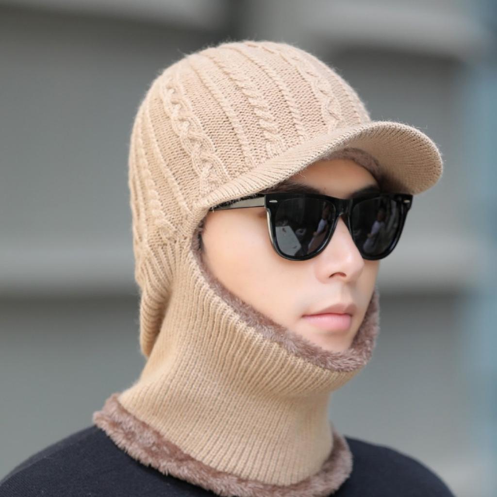 Men's Knitted Hat Autumn and Winter Outdoor Cycling Scarf Suit Cold Proof Woolen Hat Plus Velvet Warm Cold Hat for Men