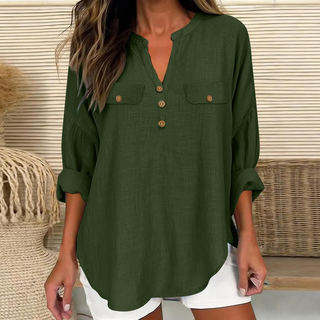 Women's Fashionable V-Neck Casual -Color Button-Down Cotton-Linen Loose-Fit Top