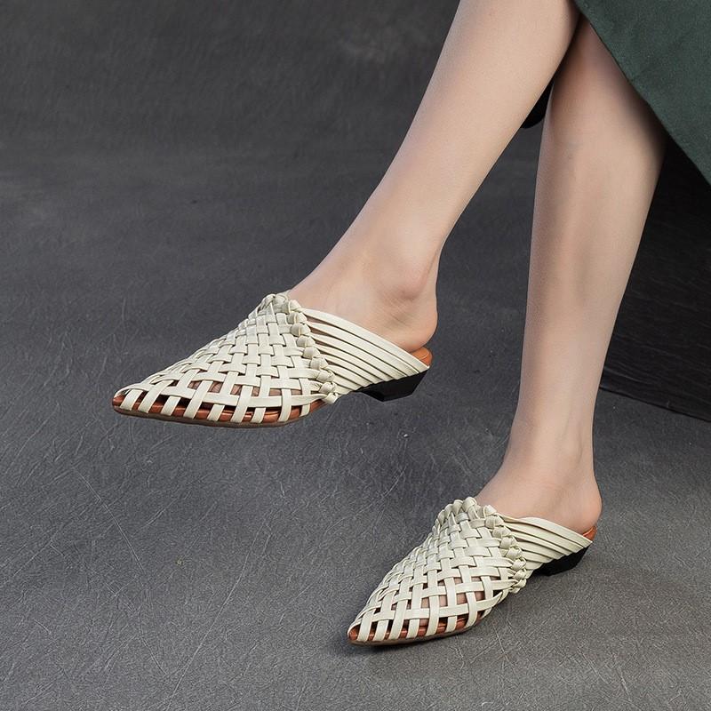 Johnature Ručně vyráběné tkaní Pantofle se špičatou špičkou na nízkém podpatku Prodyšná móda Dámská obuv z pravé kůže